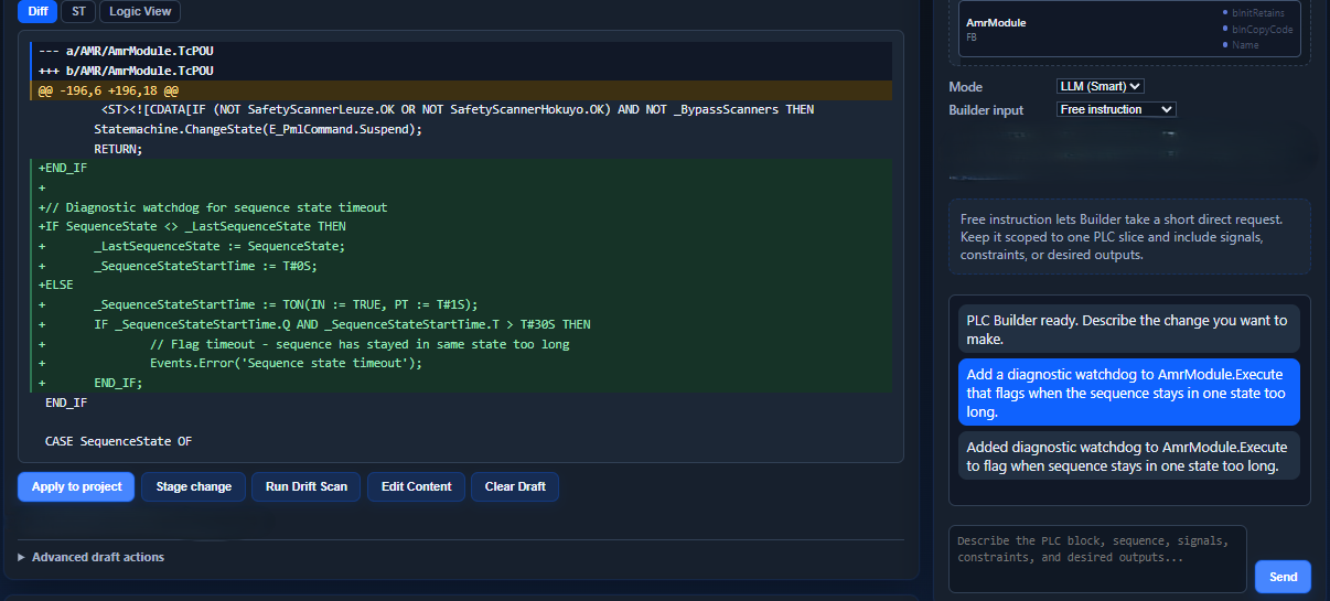 AutoMATE PLC Builder showing a generated PLC change as a reviewable diff