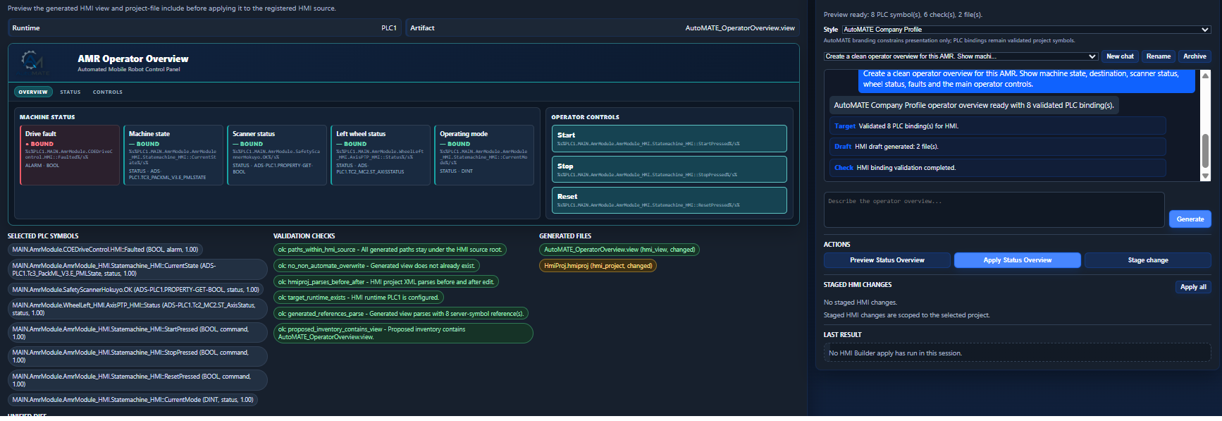 AutoMATE HMI Builder showing a generated preview, validation and apply workflow